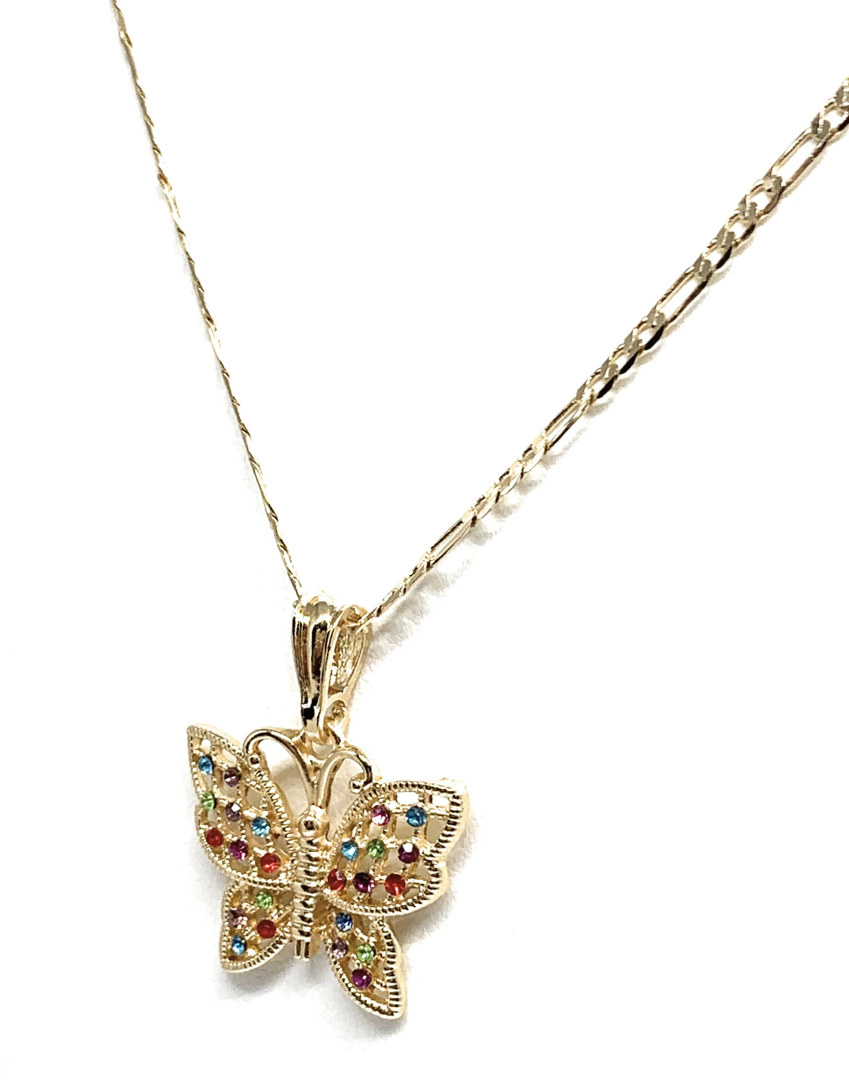 Gold Plated Yellow Colorful Rhinestone Butterfly Pendant Necklace Chain 24”