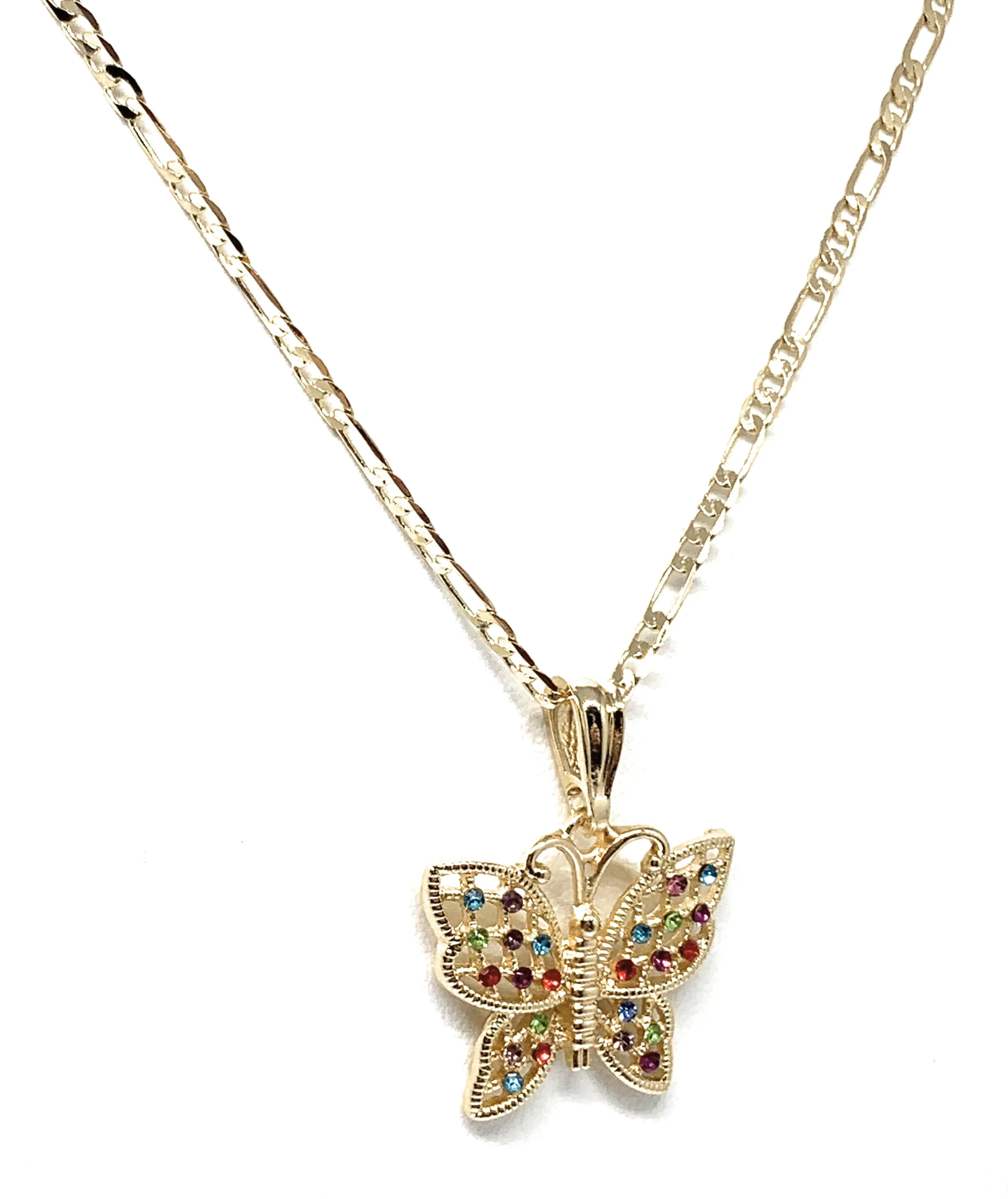 Gold Plated Yellow Colorful Rhinestone Butterfly Pendant Necklace Chain 24”