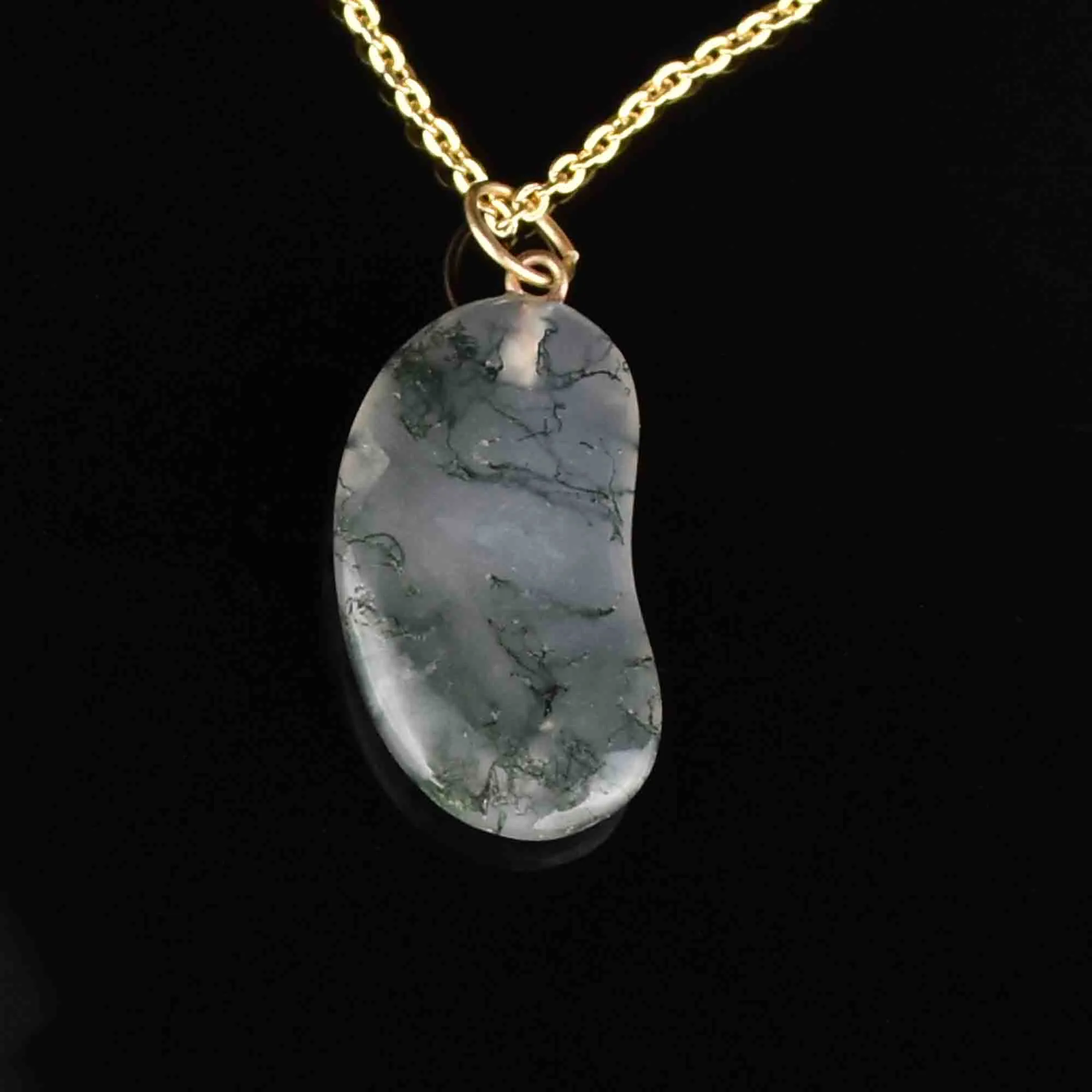 Gold Scottish Moss Agate Bean Pendant Necklace