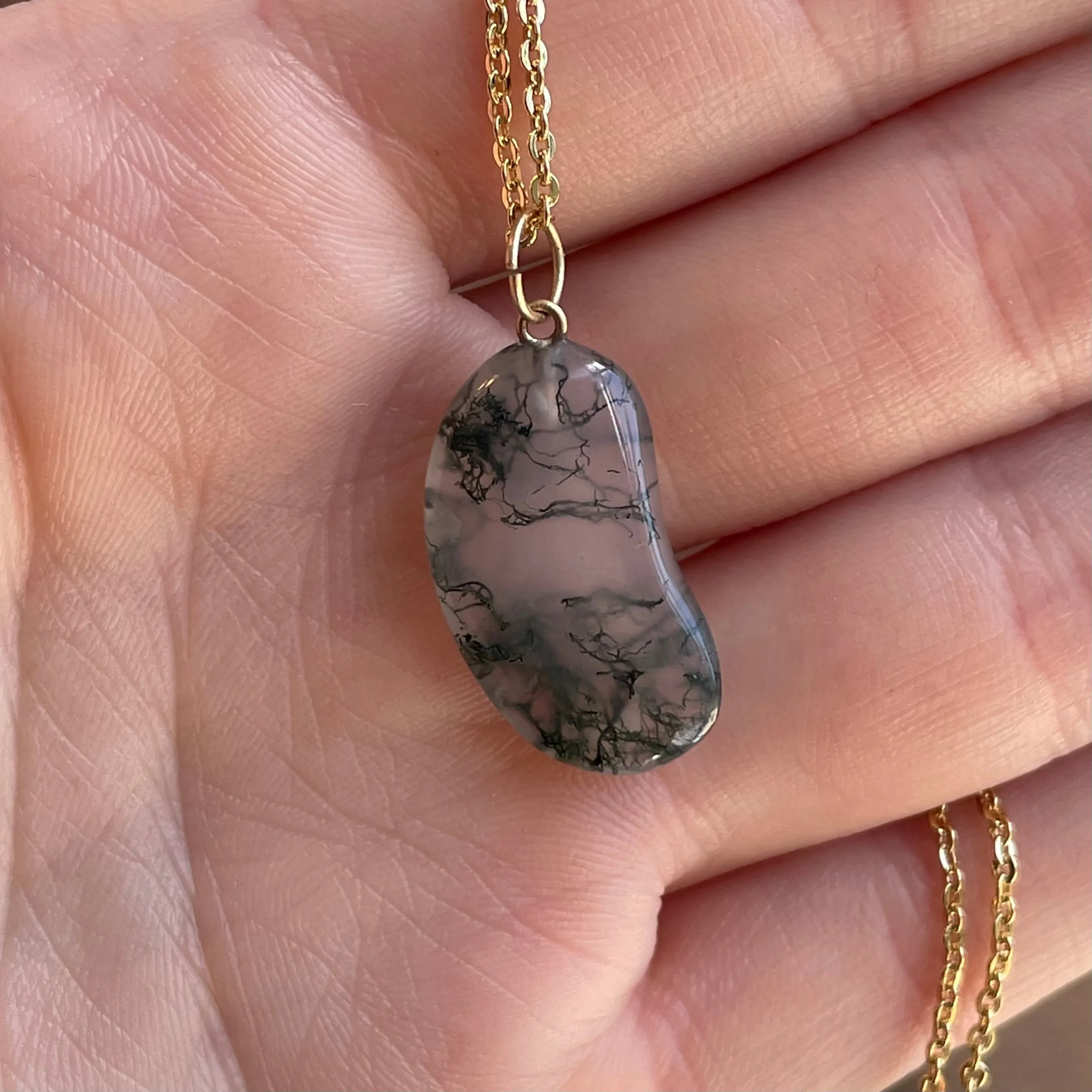 Gold Scottish Moss Agate Bean Pendant Necklace