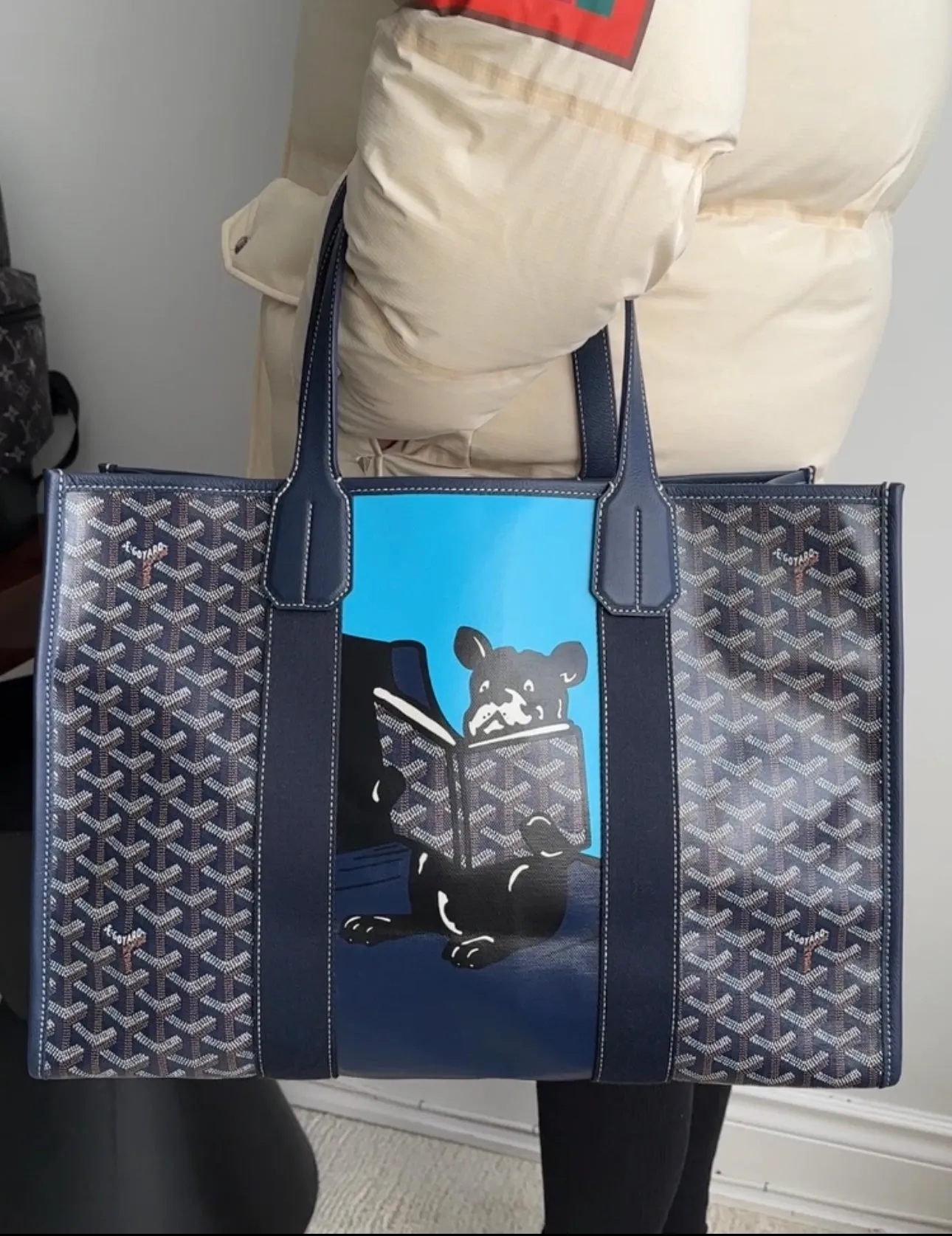 Goyard Navy Blue Vilette Tote Bag MM French Bulldog