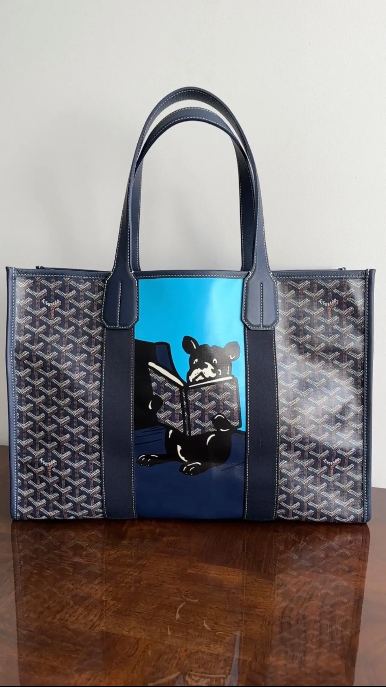 Goyard Navy Blue Vilette Tote Bag MM French Bulldog