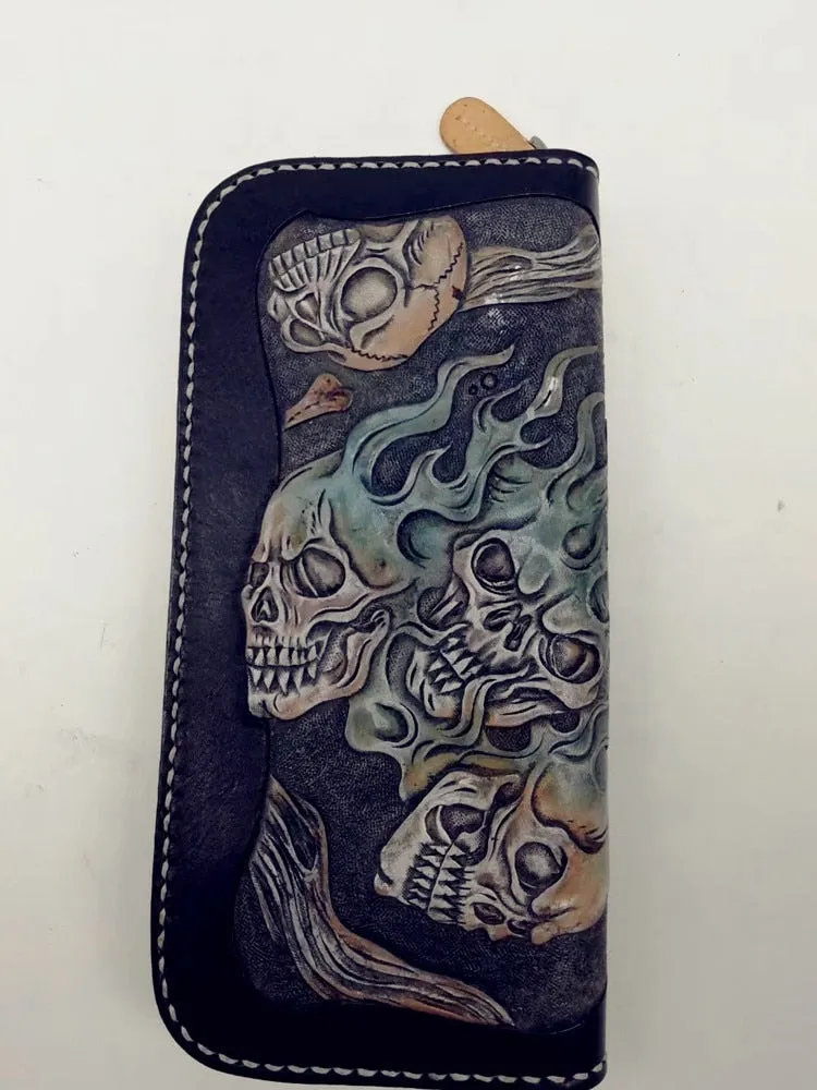 Hand Carving Leather Skull Wallet