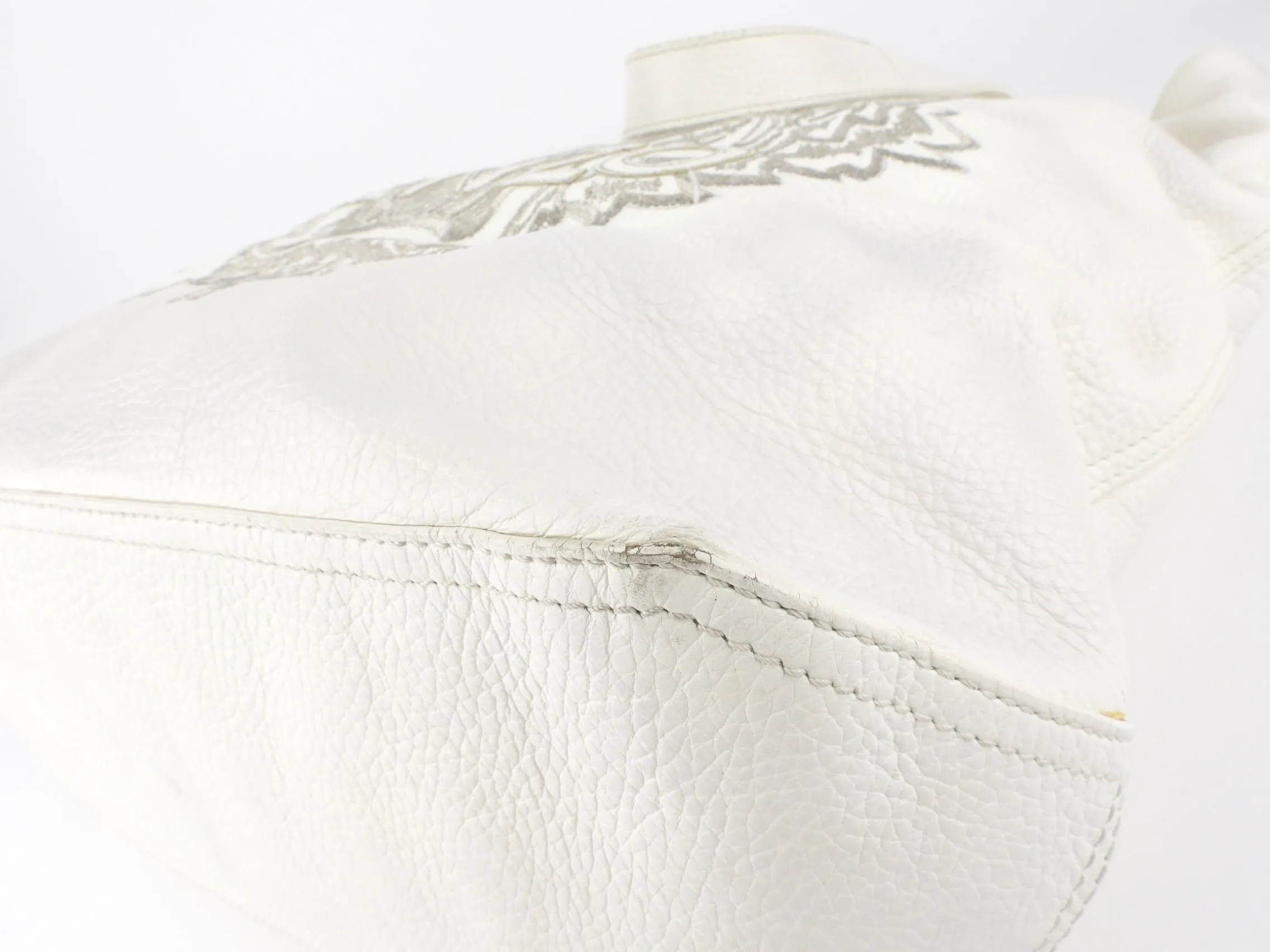 Kenzo Paris White Leather Tiger Logo Embroidered Tote