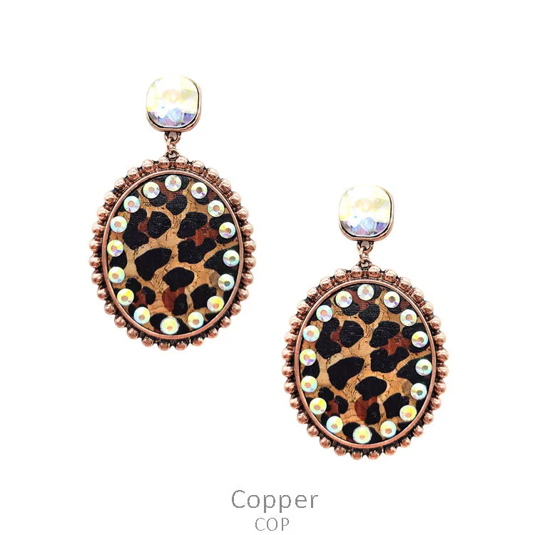 Leopard Oval with Rhinestone & Copper trim earrings