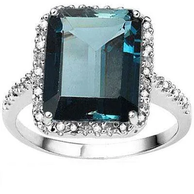 LOVELY ! 7 4/5 CARAT LONDON BLUE TOPAZ & DIAMOND 10KT SOLID GOLD RING