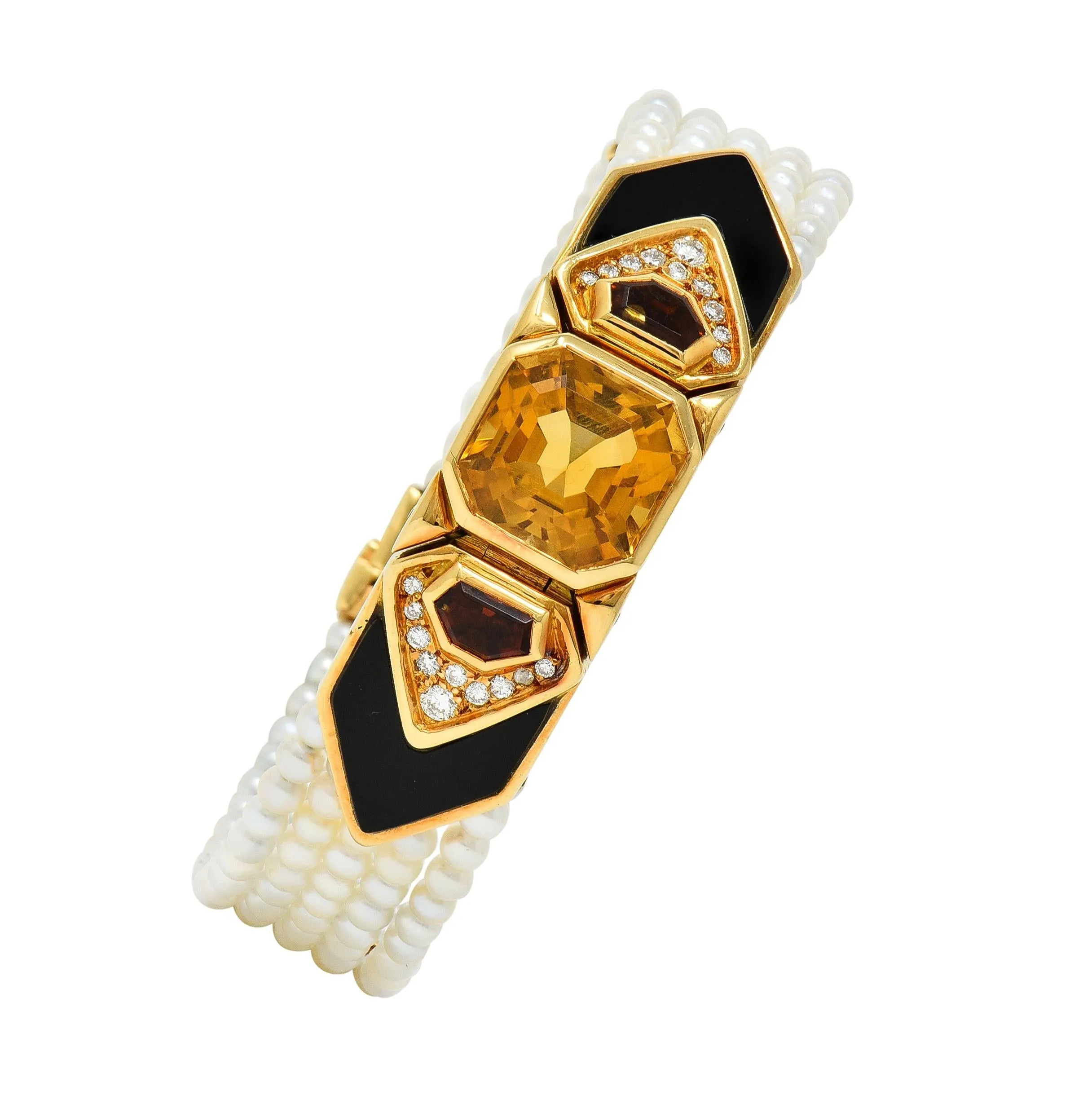 Marina B. French 1986 Citrine Diamond Onyx Pearl 18 Karat Gold Station Bracelet