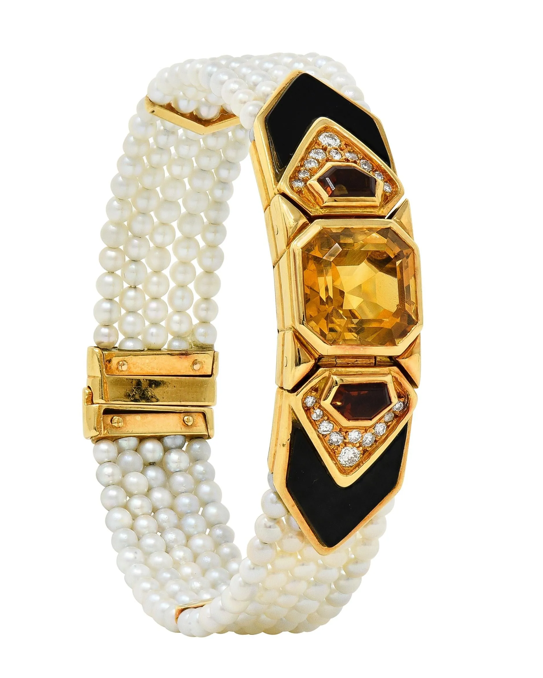 Marina B. French 1986 Citrine Diamond Onyx Pearl 18 Karat Gold Station Bracelet