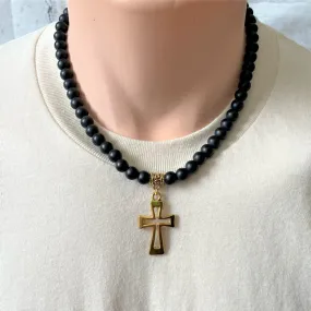 Matte Black Onyx and Gold Cut Out Cross Mens Beaded Necklace