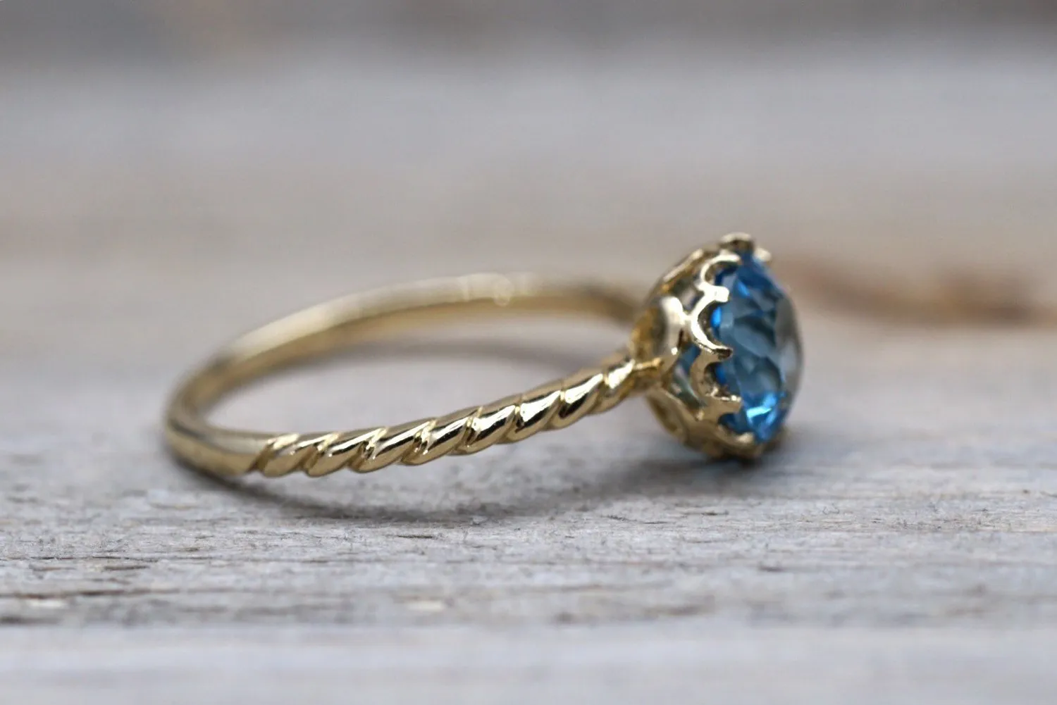 Melrose 7mm Topaz 14k Yellow Gold Round Blue Engagement Ring Crown Vintage Design Rope Classic November Birthstone