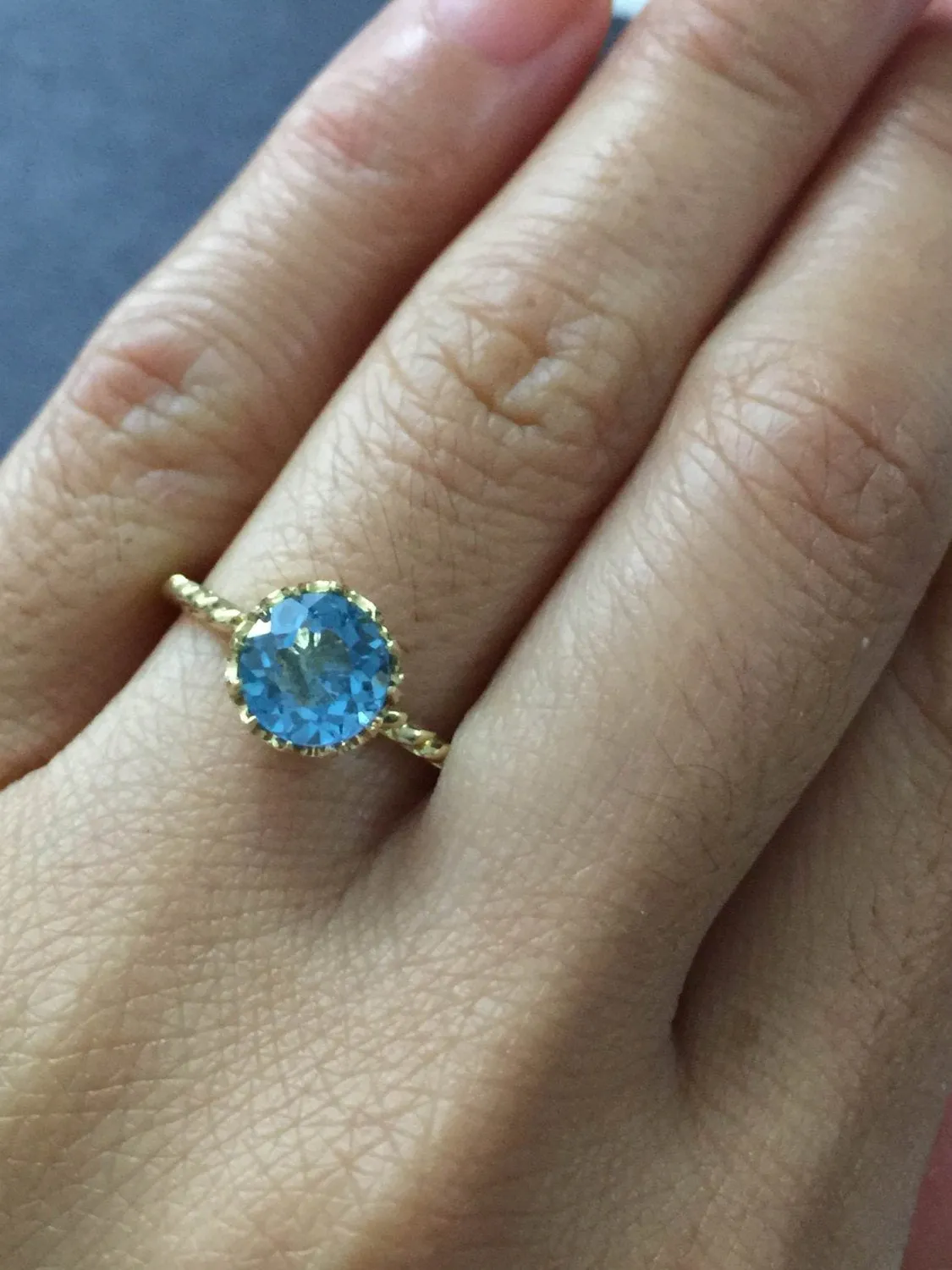 Melrose 7mm Topaz 14k Yellow Gold Round Blue Engagement Ring Crown Vintage Design Rope Classic November Birthstone