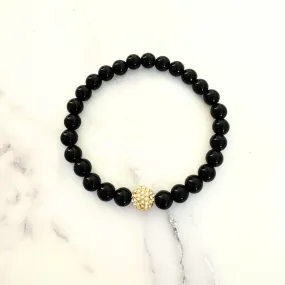 Mens Black Onyx and Gold Crystal Beaded Bracelet