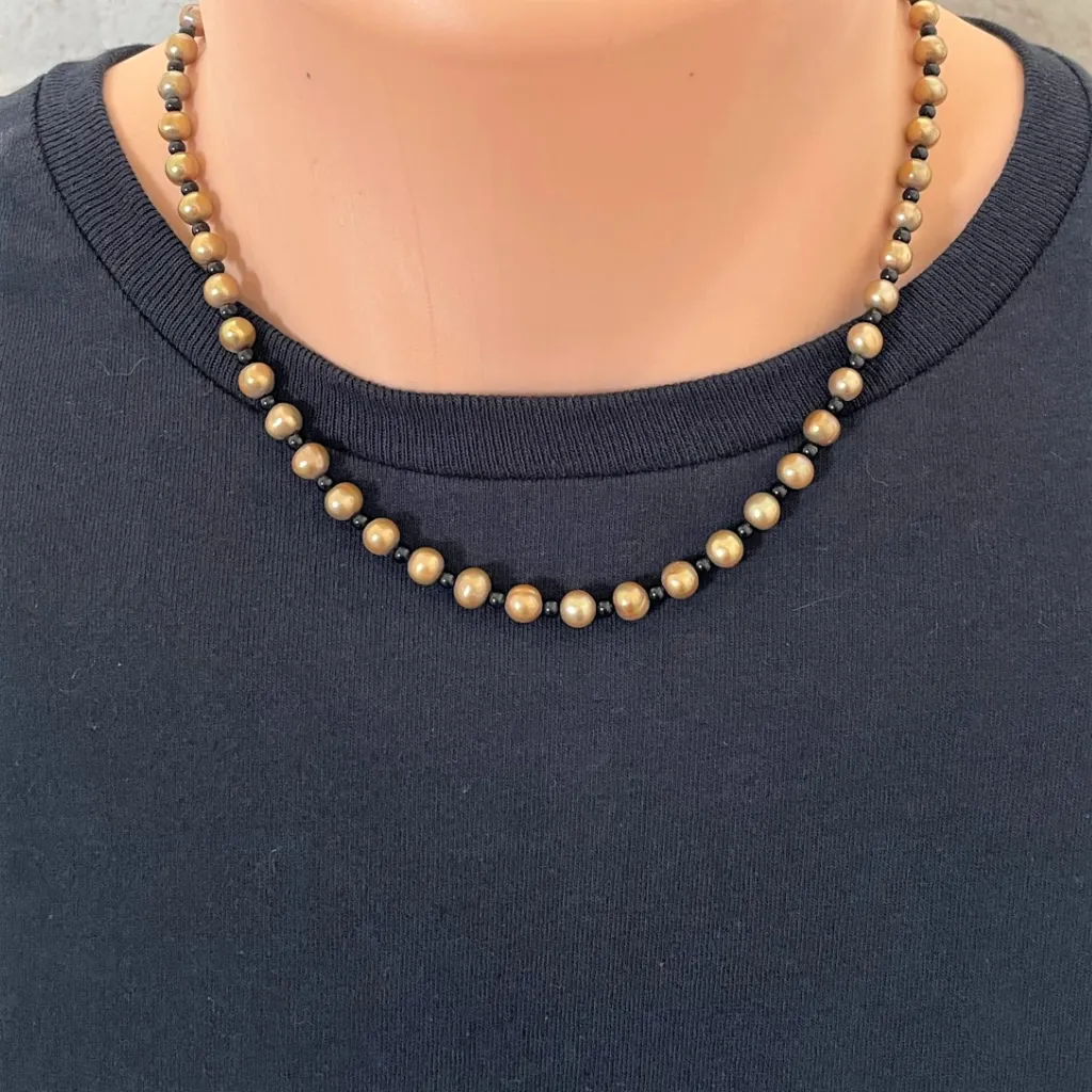 Mens Gold Potato Pearl and Black Onyx Beaded Necklace