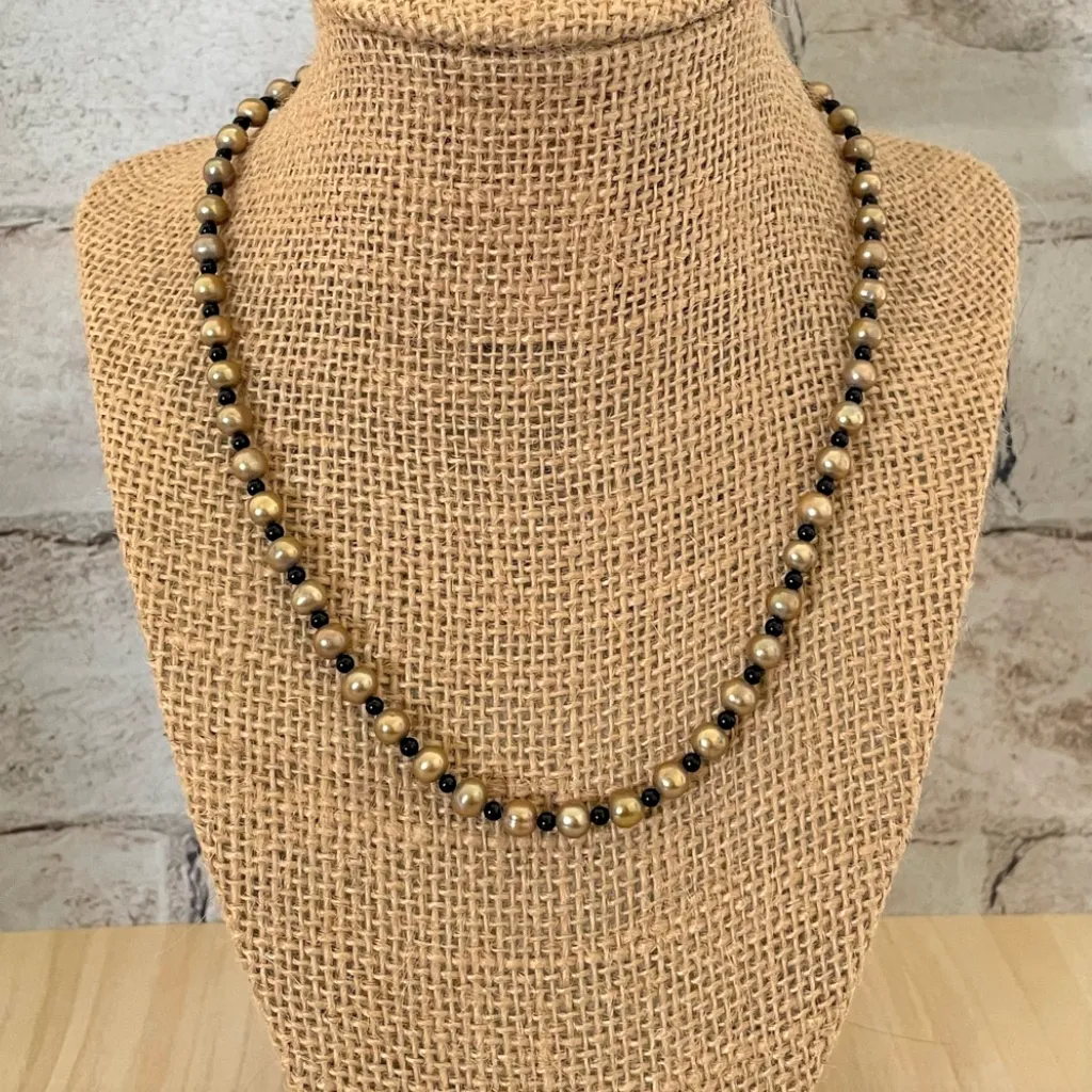 Mens Gold Potato Pearl and Black Onyx Beaded Necklace