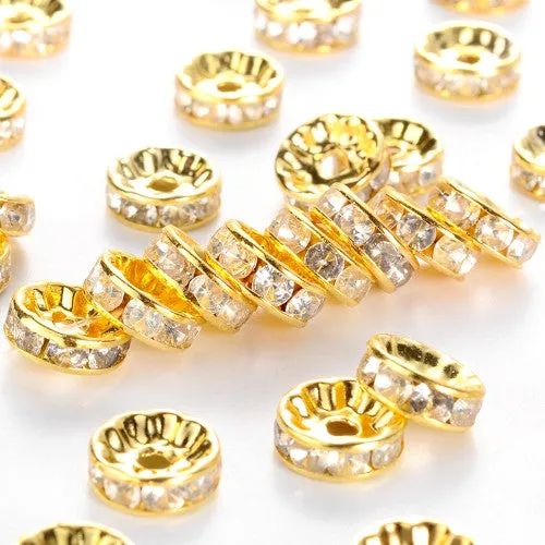 Metal Spacer Beads, Brass, Rhinestone Spacer Beads, Clear, Round, Golden, 10mm