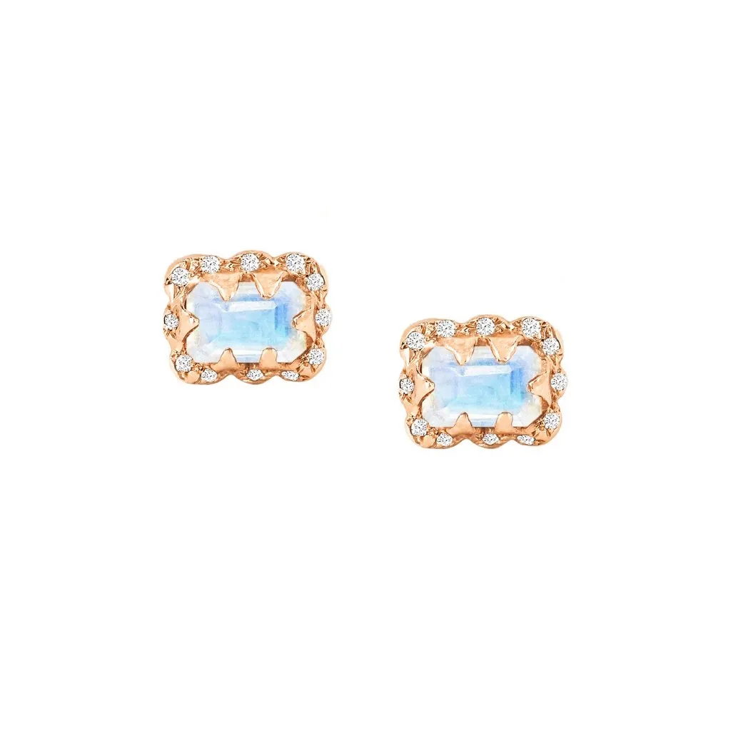 Micro Queen Emerald Cut Moonstone Earrings with Sprinkled Diamonds