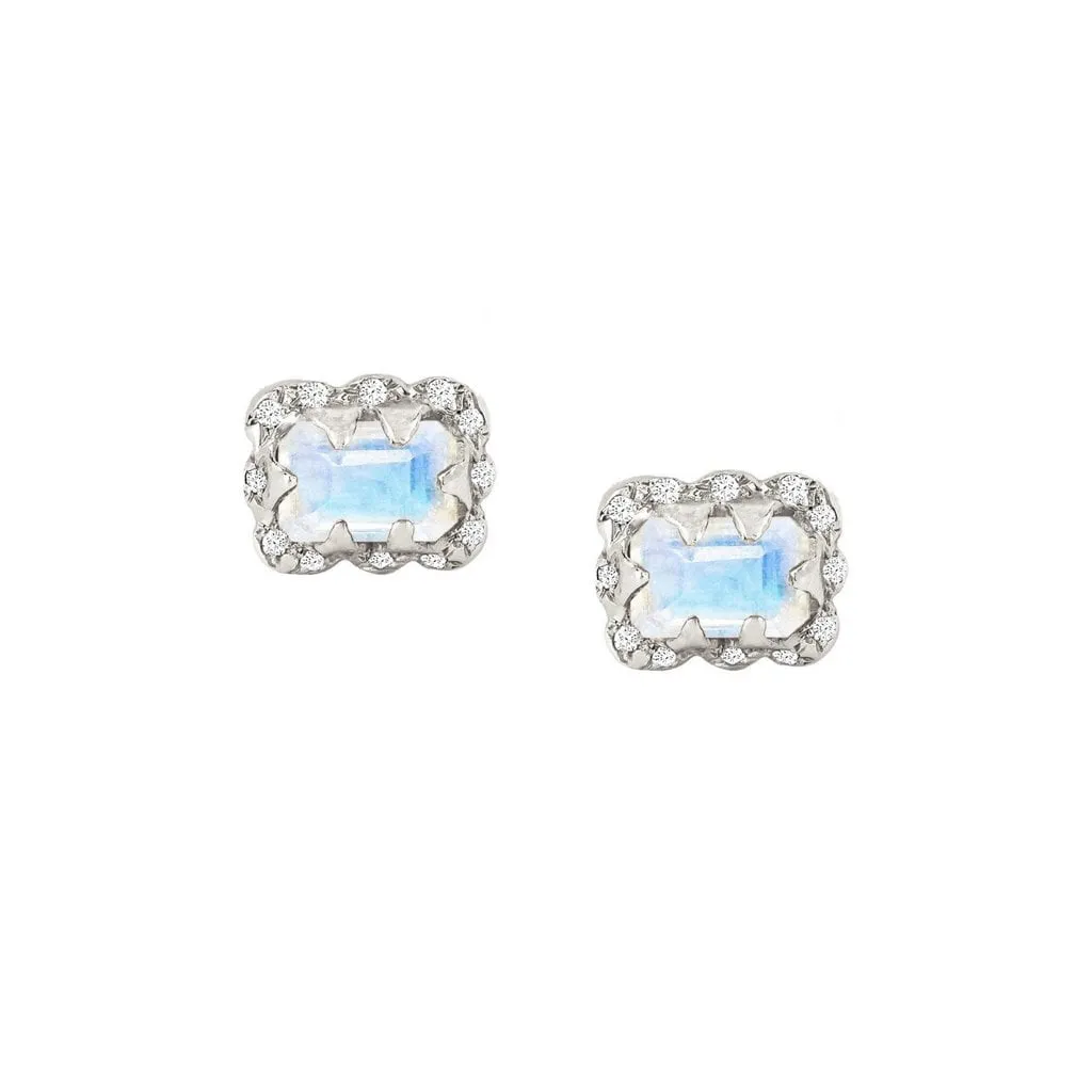 Micro Queen Emerald Cut Moonstone Earrings with Sprinkled Diamonds