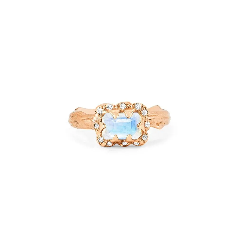 Micro Queen Emerald Cut Moonstone Ring with Sprinkled Diamonds