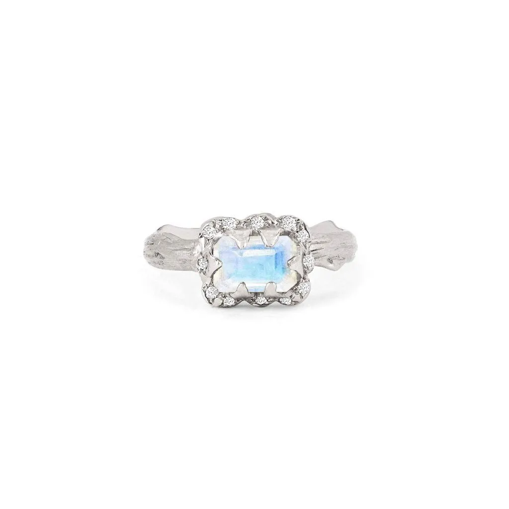 Micro Queen Emerald Cut Moonstone Ring with Sprinkled Diamonds