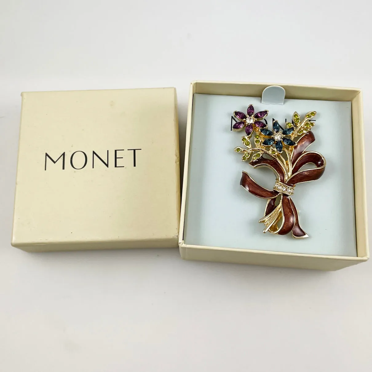 Monet Rhinestone & Enamel Floral Brooch NIB