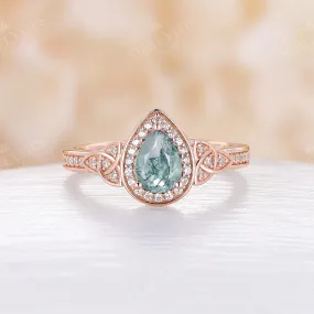 Moss Agate Moissanite Halo Engagement Ring Celtic Rose Gold