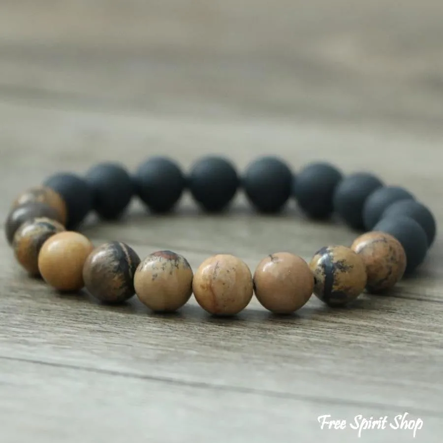 Natural Black Onyx & Jasper Stone Bead Mala Bracelet