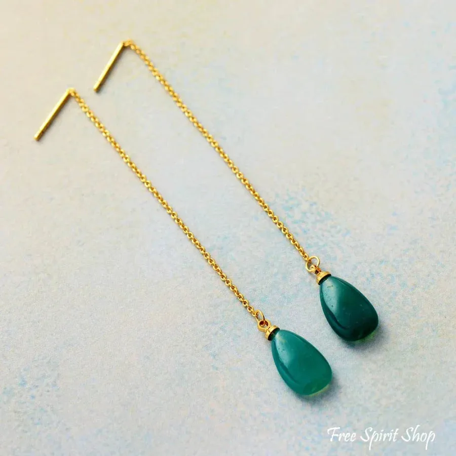 Natural Green Onyx Long Drop Earrings