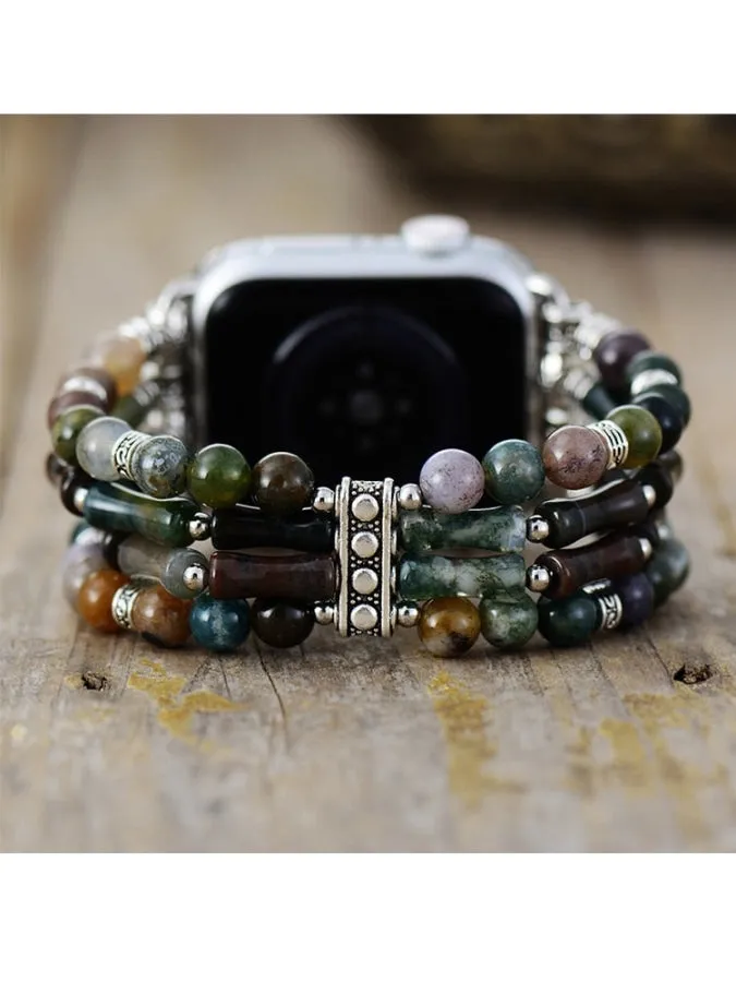 Natural Indian Agate Elastic Beaded Apple Watch Band