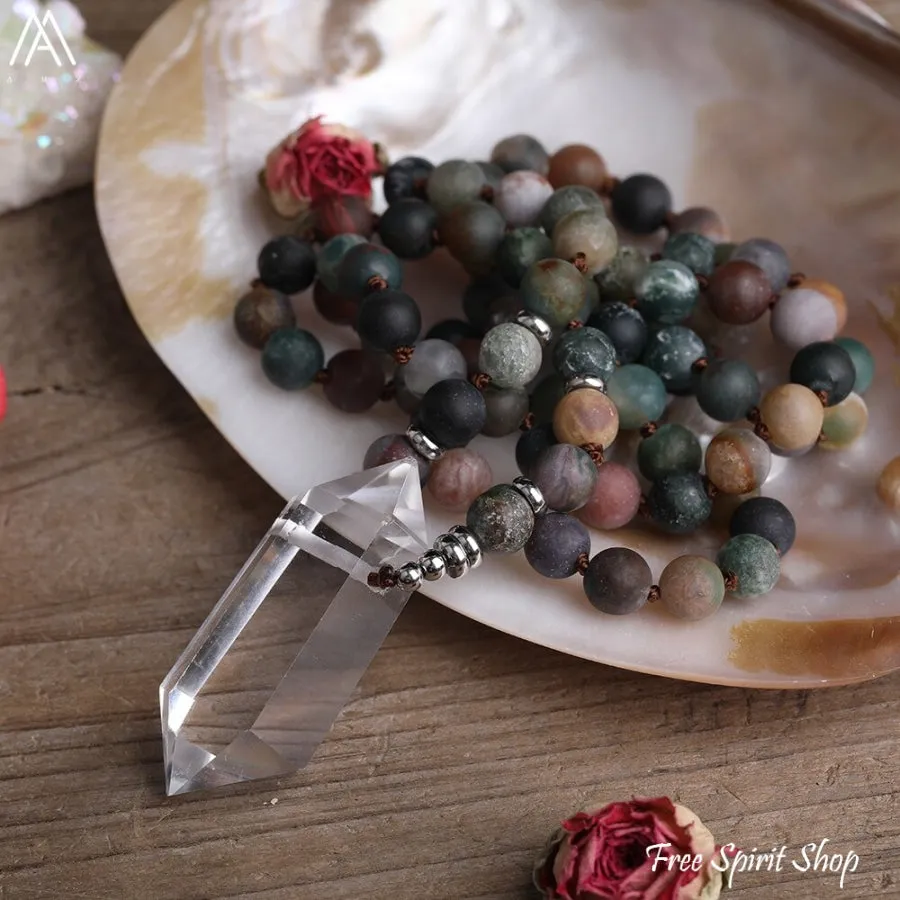 Natural Matte Indian Agate & Clear Quartz Crystal Beaded Necklace