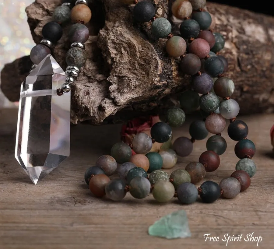 Natural Matte Indian Agate & Clear Quartz Crystal Beaded Necklace