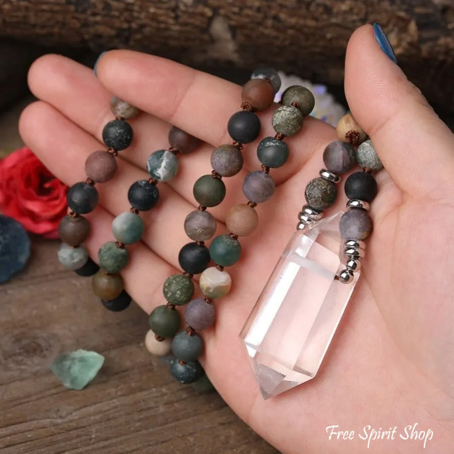 Natural Matte Indian Agate & Clear Quartz Crystal Beaded Necklace