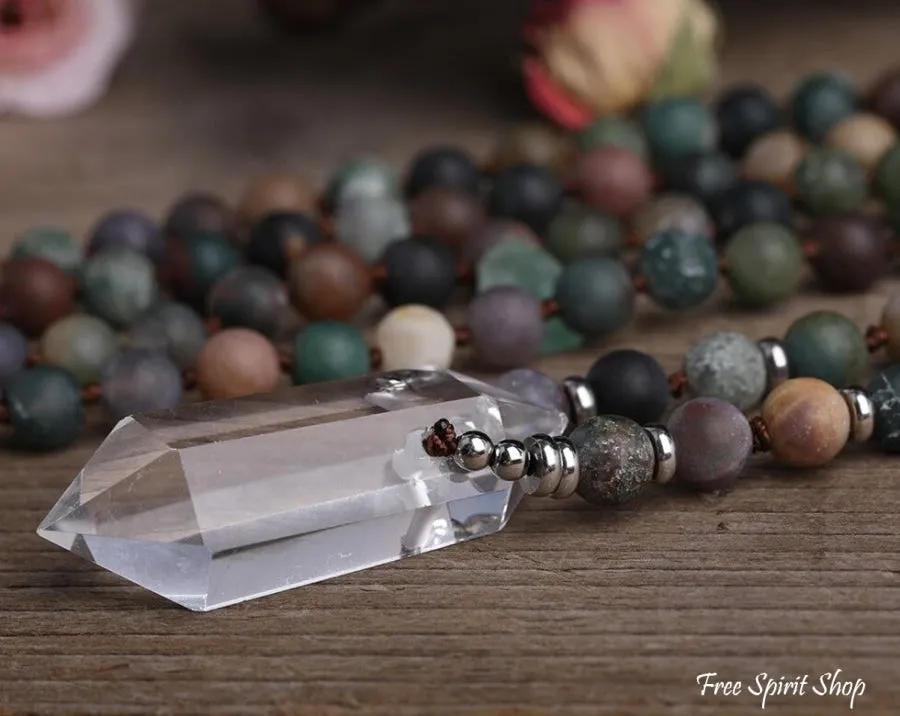 Natural Matte Indian Agate & Clear Quartz Crystal Beaded Necklace