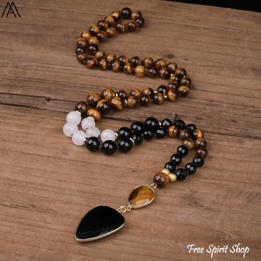 Natural Tiger Eye & Black Onyx Gemstone Bead Necklace