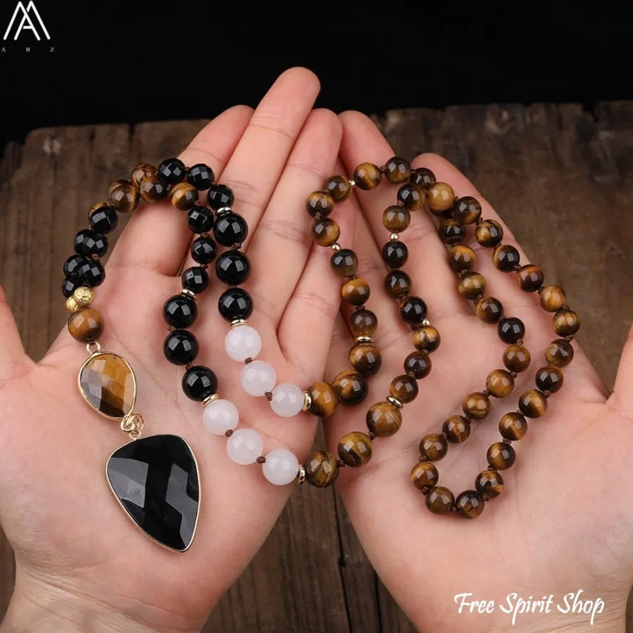 Natural Tiger Eye & Black Onyx Gemstone Bead Necklace