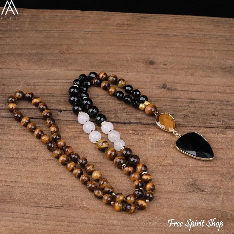 Natural Tiger Eye & Black Onyx Gemstone Bead Necklace