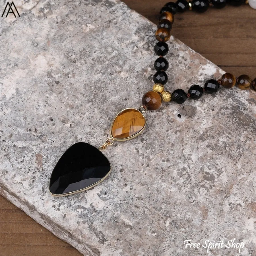 Natural Tiger Eye & Black Onyx Gemstone Bead Necklace