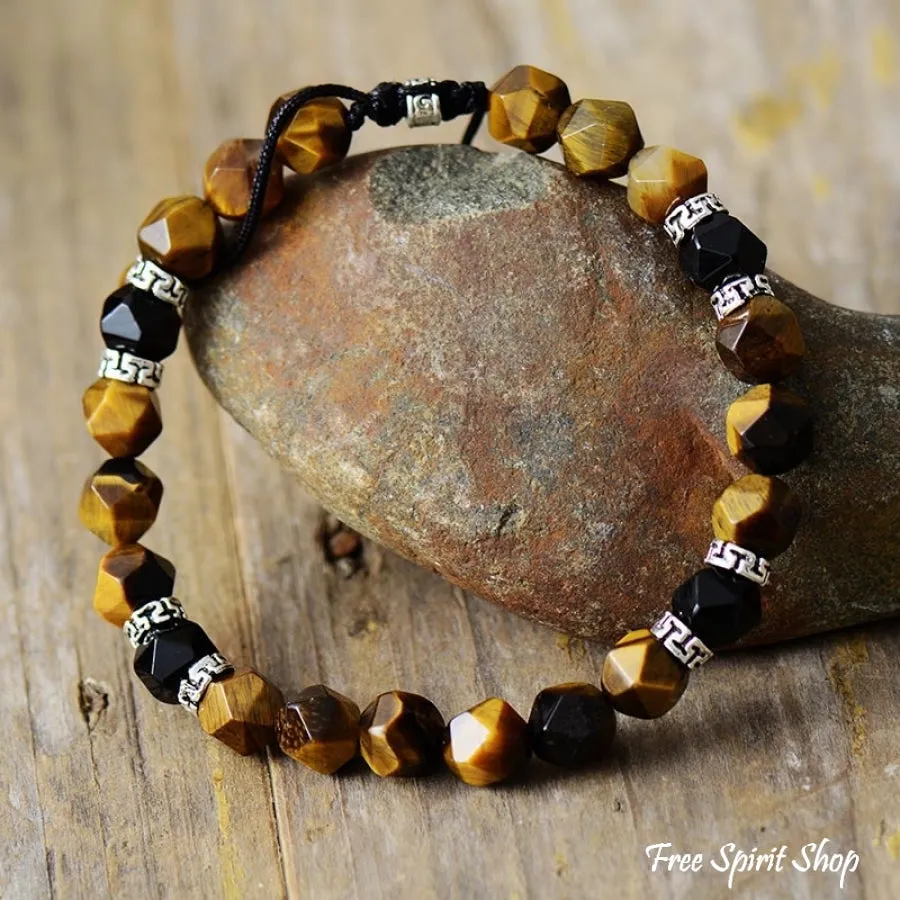 Natural Tiger Eye & Matte Black Onyx Faceted Bead Bracelet