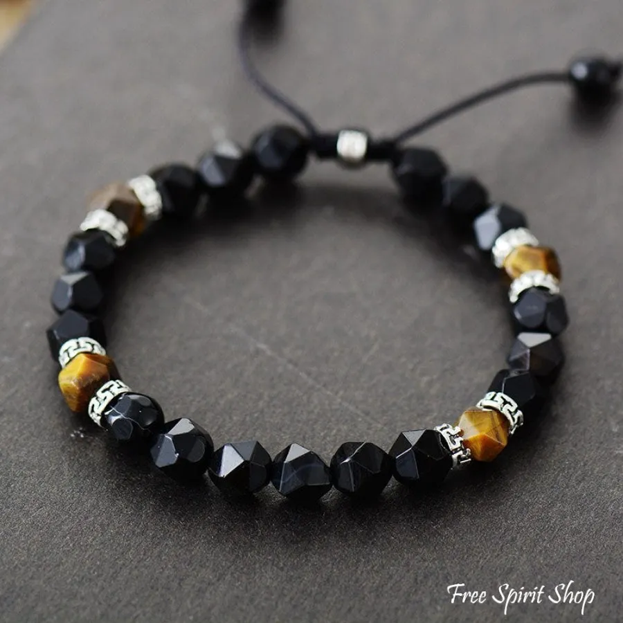 Natural Tiger Eye & Matte Black Onyx Faceted Bead Bracelet