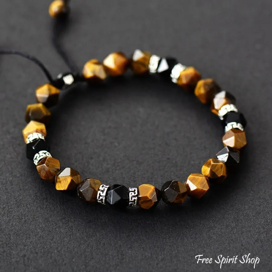 Natural Tiger Eye & Matte Black Onyx Faceted Bead Bracelet