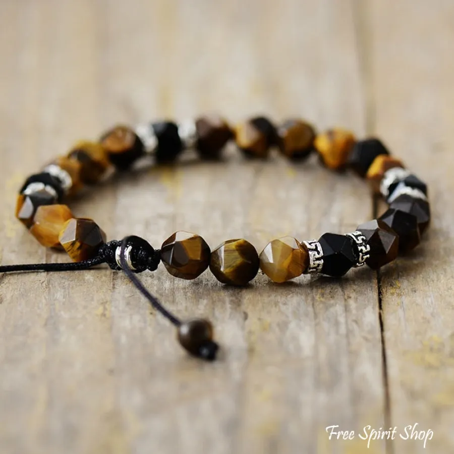 Natural Tiger Eye & Matte Black Onyx Faceted Bead Bracelet