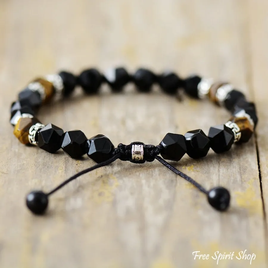 Natural Tiger Eye & Matte Black Onyx Faceted Bead Bracelet