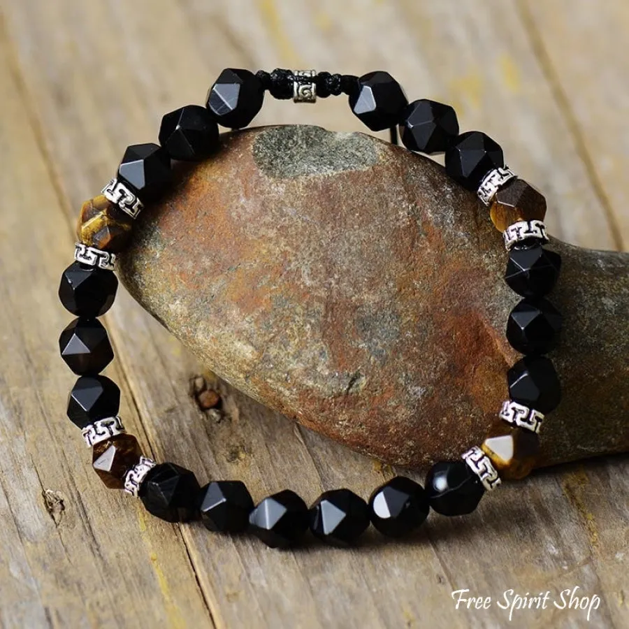 Natural Tiger Eye & Matte Black Onyx Faceted Bead Bracelet