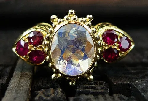 Paula Crevoshay  Rainbow Blue Moonstone and  Burmese Ruby Ring in 18K Yellow Gold