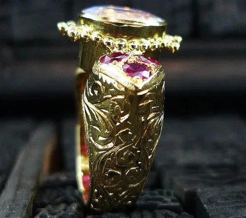 Paula Crevoshay  Rainbow Blue Moonstone and  Burmese Ruby Ring in 18K Yellow Gold