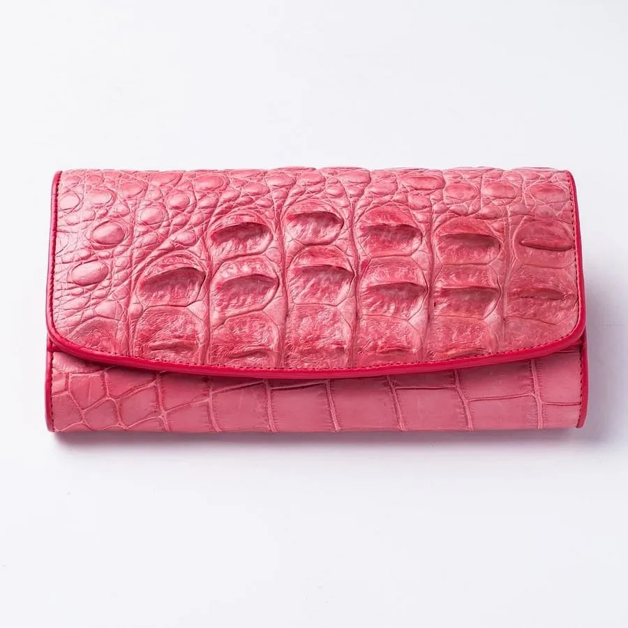 Pink Backbone Crocodile Leather Long Wallet