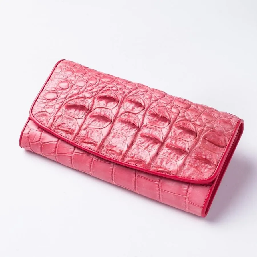 Pink Backbone Crocodile Leather Long Wallet