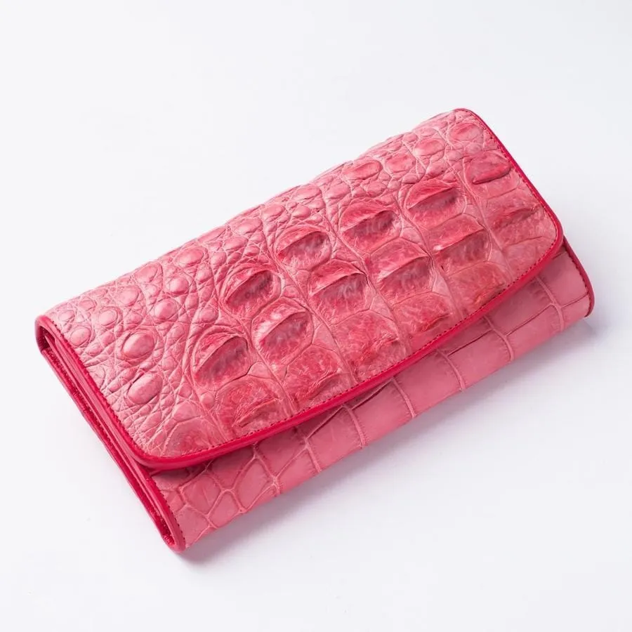 Pink Backbone Crocodile Leather Long Wallet