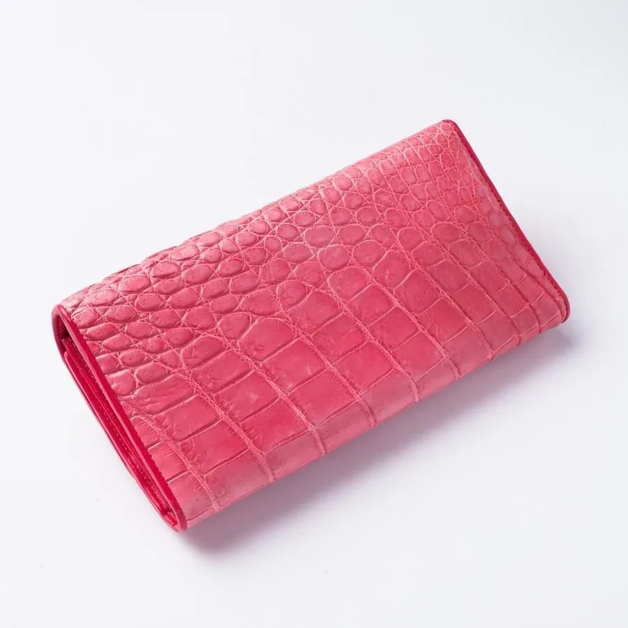 Pink Backbone Crocodile Leather Long Wallet