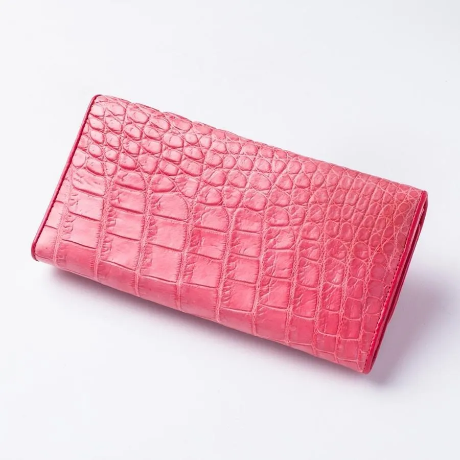 Pink Backbone Crocodile Leather Long Wallet