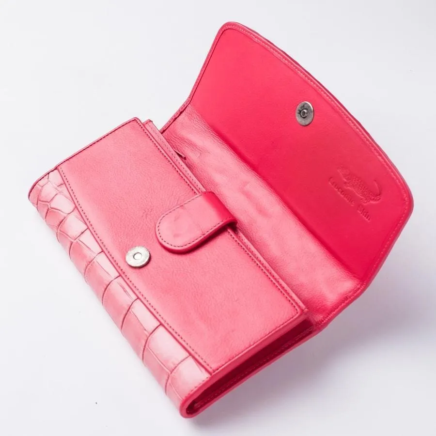 Pink Backbone Crocodile Leather Long Wallet